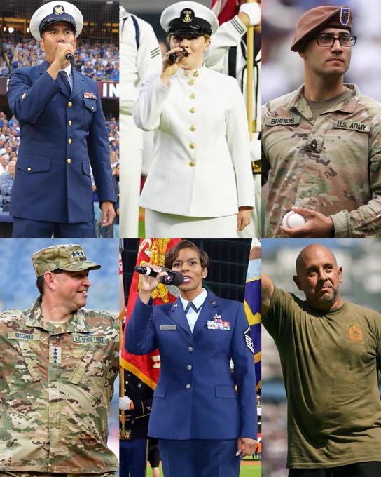 A collage of U.S. military personnel from all branches of service taking part in on-field ceremonies at various baseball stadiums. 
