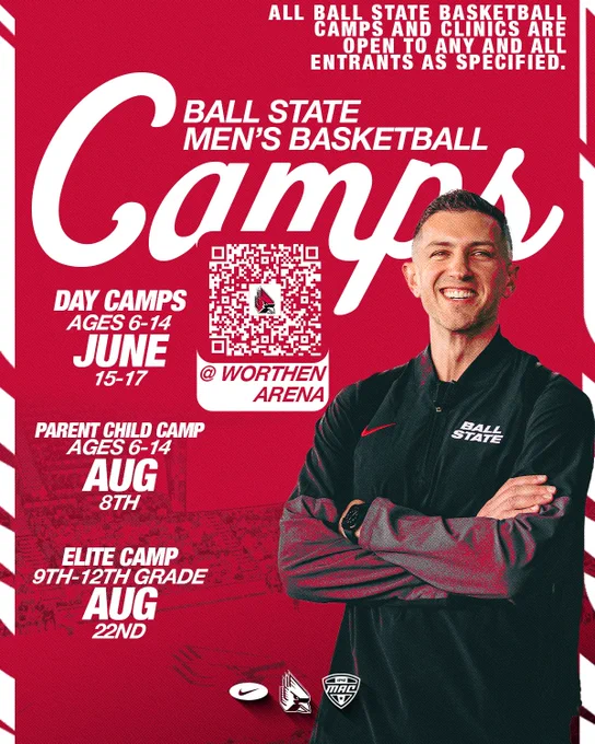 Camps graphic for Ball State men's basketball featuring Chris Capko in a black shirt folding his arms over his chest
Text:
Ball state men's basketball camps
day camps ages 6-14
june 15-17
parent child camp ages 6-14
aug 8th
elite camp 9th-12th grade
aug 22nd
@worthen arena
all Ball State basketball camps and clinics are open to any and all entrants as specified.