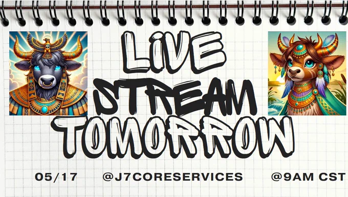 An announcement for a live stream event featuring illustrated anthropomorphic bull characters in ancient Egyptian attire. The date is May 17th at 9 AM CST.