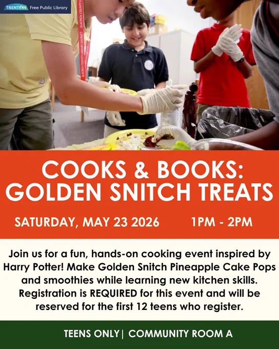 Teens wearing gloves prepare Golden Snitch Pineapple Cake Pops during a Harry Potter-themed cooking event at a community library.