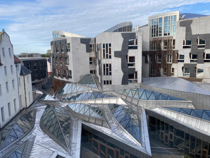 View of the glass ‘leaves’ roofs of the Scottish Parliament from above