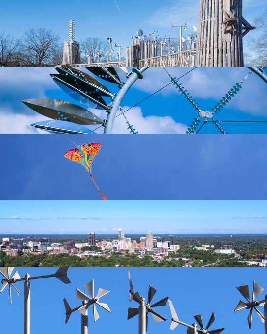 Five stacked images with various shades of blue. First image is of play towers in front of a blue sky. Second image is of a power poll decorate with metal sunflower petals. Third image is of a colorful dragon kite. Fourth image is of a city skyline. Sixth image is of whirligigs in front of a bleu sky. 