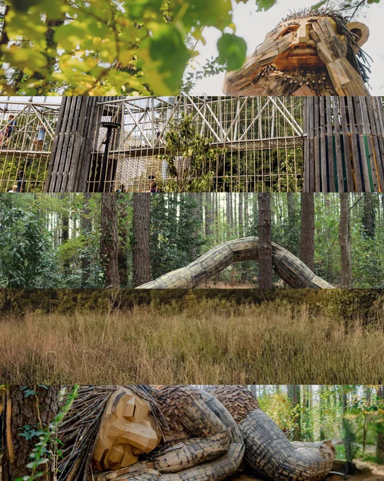 Five stacked images with various shades of green. First image is a wooden troll covering its eyes. Second image is wooden play towers. Third image is a large wooden tail in a forest. Fourth image is of tall, winter grass. Fifth image is of wooden troll sculpture reclining in the woods. 
