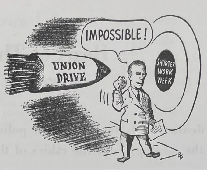 Cartoon from the UAW's Ammunition magazine, 1957. Featuring a "union drive" bullet heading towards a "shorter work week" target with a company executive or politician standing in-between saying "IMPOSSIBLE!"