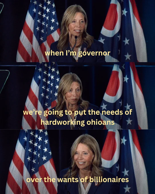 Amy Acton delivering a speech after winning the Democratic nomination for Ohio Governor saying, "When I'm Governor, we're going to put the needs of hardworking Ohioans over the wants of billionaires."