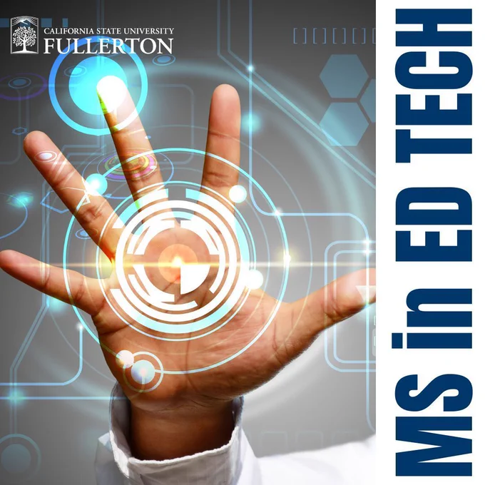 text: ms in educational technology with a hand in the background