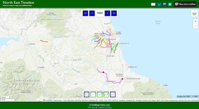 Map of north east railways in 1825.  The website allows the user to scroll through years, seeing how the railway developed and later closed, including stations.