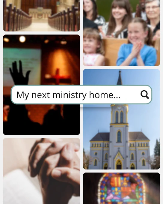 A collage depicting various church-related scenes, symbolizing searching for a new ministry home. Includes images of churches, praying hands, and congregants.