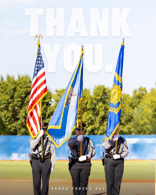 Three uniformed individuals holding flags stand in formation for Armed Forces Day. The text 'Thank You' is prominently displayed above them.