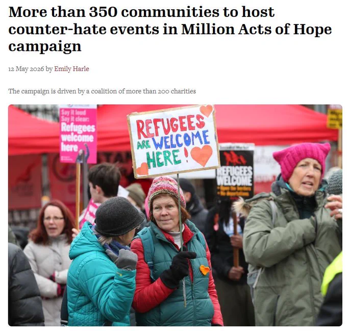 Headline over a picture of a woman with a handwritten "refugees are welcome here" says "more than 350 communities to host counter hate events in million acts of hope campaign"