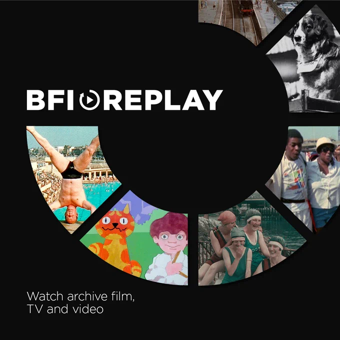 The image features the BFI Replay logo prominently displayed over a black background, with a circular film strip design displaying various scenes: a person diving, a train, a dog, animated characters, individuals on a beach, a vintage car race, and a group of people enjoying an outdoor activity. Text at the bottom reads, "Watch archive film, TV and video."