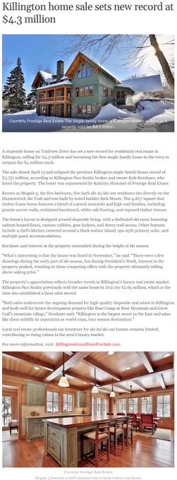 https://mountaintimes.info/2026/05/13/killington-home-sale-sets-new-record-at-4-3-million/
A slopeside home on Trailview Drive has set a new record for residential real estate in Killington, selling for $4.3 million and becoming the first single-family home in the town to surpass the $4 million mark.

The sale closed April 13 and eclipsed the previous Killington single-family home record of $3.751 million, according to Killington Pico Realty broker and owner Kyle Kershner, who listed the property. The buyer was represented by Kaitylyn Hummel of Prestige Real Estate.

Known as Moguls 5, the five-bedroom, five-bath ski-in/ski-out residence sits directly on the Homestretch Ski Trail and was built by noted builder Rick Moore. The 4,827-square-foot timber frame home features a blend of natural materials and high-end finishes, including granite accent walls, reclaimed barnboard, white oak flooring, and exposed timber trusses.
