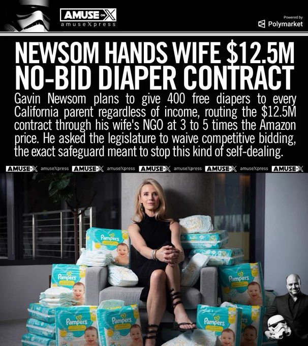 Gavin Newsom plans to give 400 free diapers to every California parent regardless of income, routing the $12.5M contract through his wife's NGO at 3 to 5 times the Amazon price. He asked the legislature to waive competitive bidding, the exact safeguard meant to stop this kind of self-dealing.