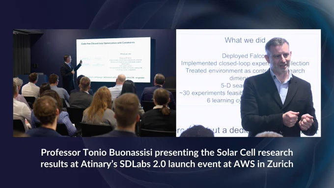 Photograph of Professor Tonio Buonassisi from MIT presenting solar cell research results at Atinary's SDLabs 2.0 launch event at AWS in Zurich.