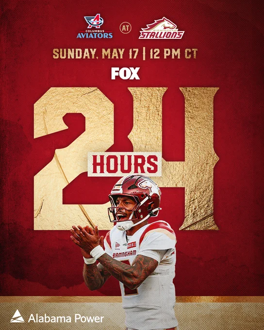 Promotional graphic for an upcoming football game between Columbus Aviators and Birmingham Stallions. The event is broadcast on FOX with a dynamic sports atmosphere.