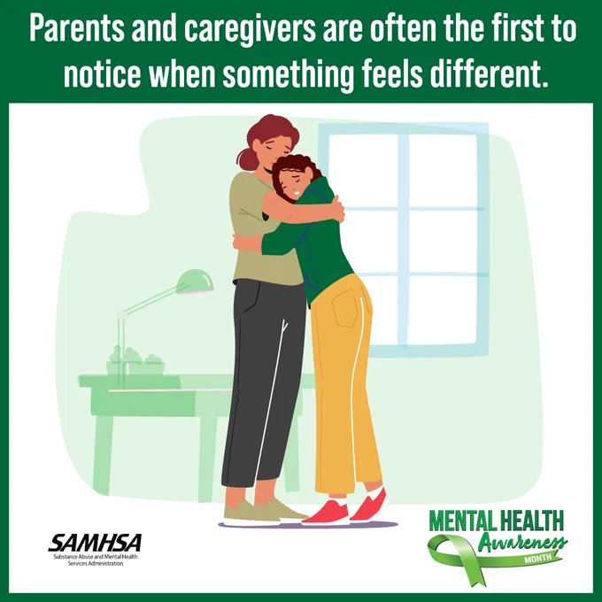 Certainly! Here’s an alt text description:

"Two people hugging in a room with a desk and lamp. Text at the top reads, 'Parents and caregivers are often the first to notice when something feels different.' SAMHSA and Mental Health Awareness Month logos are at the bottom.