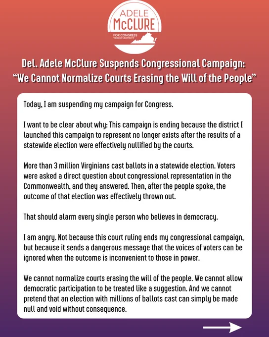 Statement graphic from Adele McClure for Congress announcing that Del. Adele McClure is suspending her congressional campaign after a court ruling effectively nullified the results of a statewide election and erased the district she launched to represent.