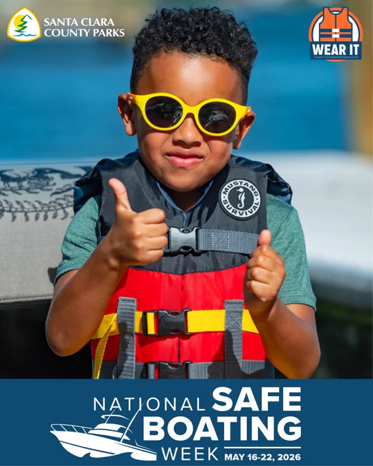 A graphic of a toddler boy with yellow sunglasses and a life jacket. The text reads – National Safe Boating Week May 16-22, 2026.