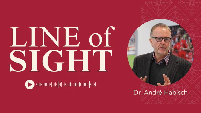 Red graphic titled "LINE of SIGHT" with a play button and soundwave. Features Dr. André Habisch speaking in a small circular image on the right.