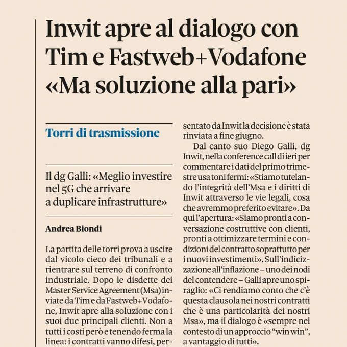 Inwit apre al dialogo con
Tim e Fastweb Vodafone
«Ma soluzione alla pari»