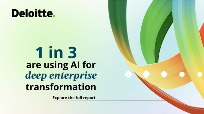 Deloitte: 1 in 3 are using AI for deep enterprise transformation. Explore the full report. Colorful stripes arc across the image in shades of green, yellow, and orange, with white circle and diamond shapes scattered across the stripes.