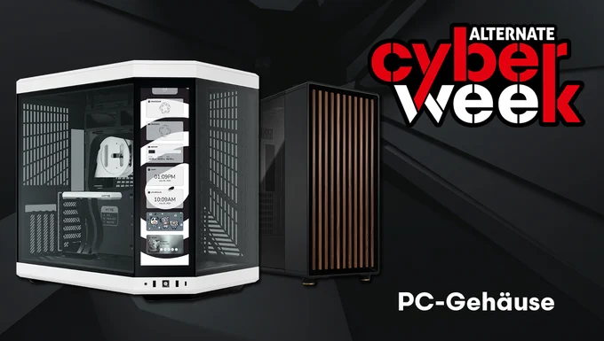 Werbegrafik zur „Alternate Cyber Week“ mit zwei modernen PC-Gehäusen, darunter ein weißes Gehäuse mit Glasfront und integriertem Display sowie ein schwarzes Gehäuse mit Holzoptik an der Front. Unten steht der Schriftzug „PC-Gehäuse“.