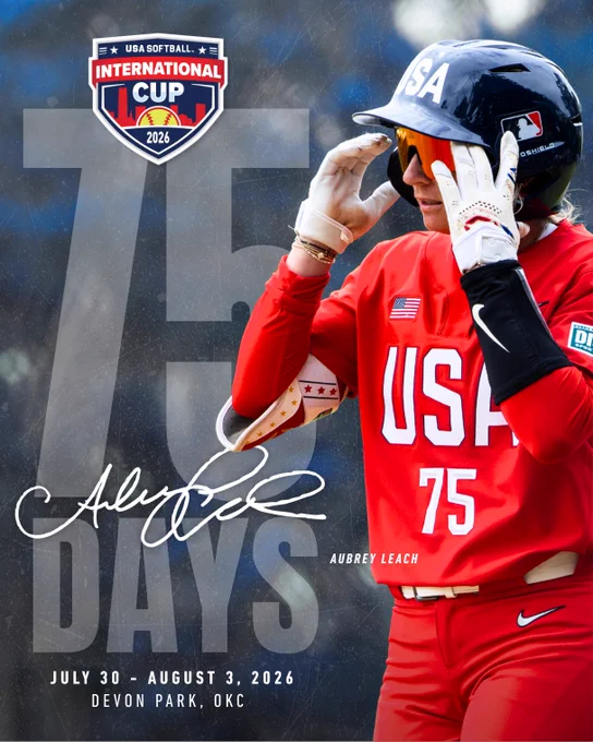 A promotional image for the USA Softball International Cup 2026 featuring a player in full uniform with a countdown overlay and event details.
