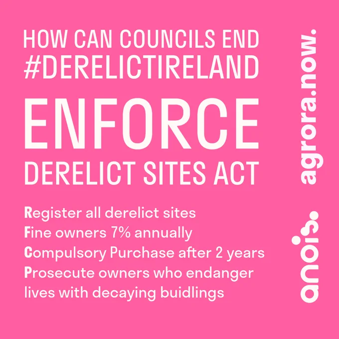 How can councils end #DerelictIreland?

Enforce the Derelict Sites Register & follow the steps we outline in the image

As it happens councils have been tasked with this responsibility since 1990; its been a major failure 