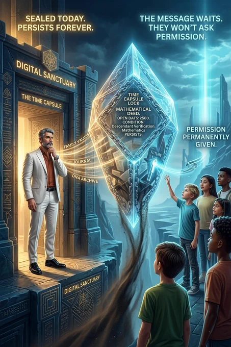 A figure stands at the entrance of the Digital Sanctuary, sealing family values, a personal journal, and a DNA archive into a crystalline time capsule bound by mathematical chains. The inscription reads: "Open Date: 2500. Condition: Descendant Verification. Mathematics Persists." On the right, children reach toward the light of a message sent from the past  permission already given, permanently.