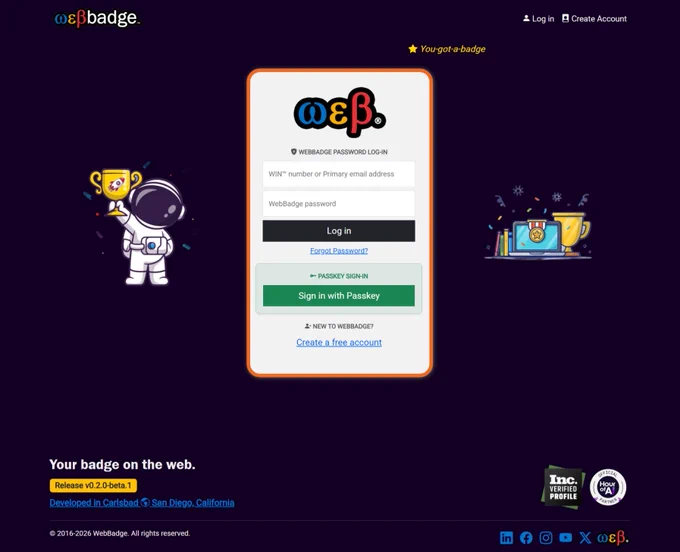 Screenshot of WebBadge Log-in page showing support for PASSKEY SIGN-IN with a “Sign in with Passkey” button.