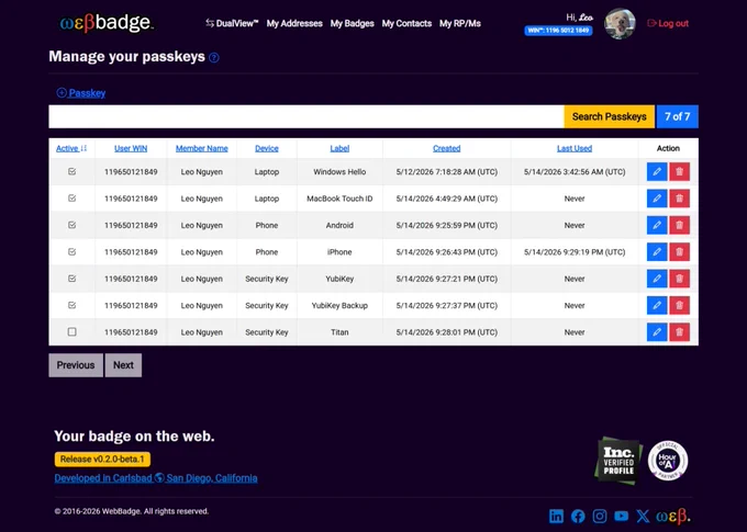 Screenshot of the “Manage your passkeys” page displaying a list of passkey credentials for Leo 🐶.

The table includes columns for Active (Checked/Unchecked), User WIN, Member Name, Device, Label, Created, Last Used, and Action (Edit and Delete). The list spans multiple device types, including laptops, phones, and hardware security keys.

Examples include Windows Hello and MacBook Touch ID for laptop-based passkeys, iPhone and Android devices for mobile passkeys, and hardware keys such as a YubiKey, a backup YubiKey, and a Titan Security Key.

Most entries are marked Active, with one entry set to Inactive. Some passkeys show a recent date and time of use, while others display “Never,” indicating they have not yet been used.

The layout demonstrates multi-device support, platform authenticators, and backup strategies for secure account access.