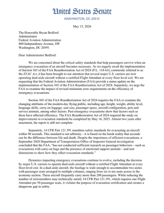 Page 1 of Senators’ letter to FAA