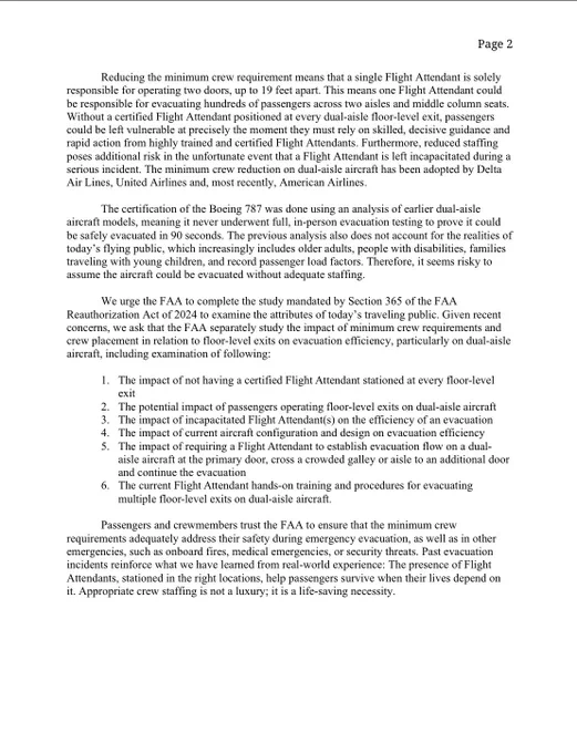 Page 2 of Senators’ letter to FAA