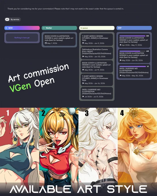 Art commissions open on VGen by Archandy | VGen Artist & Freelance Illustrator. Commission queue dashboard showing NEW, Waitlist, In queue, and WIP slots for July-August 2026 deadlines — book cover illustrations, T-shirt merch design in Streetwear style, full body dakimakura, and surprise me VTuber/OC/Anime illustrations in semi-realistic splash art (best for fantasy). Available art styles inspired by Valorant artwork, Marvel Rivals, J.C. Leyendecker, and Yusuke Murata, featuring fanart examples of Zibai from Genshin Impact, Cissia from ZZZ, and Zani from Wuthering Waves (WuWa).