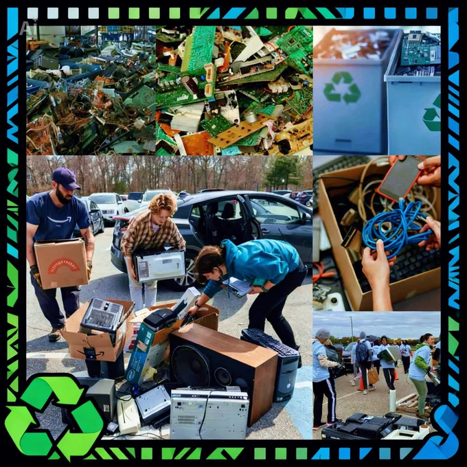 Collage of people at an Electronic Recycling Event and electronics being collected to recycle. Colorful Border with the recycle logo bottom left