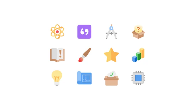 A 3-by-4 grid of colourful flat icons on a white background: an atom, quotation marks in a purple square, a drafting compass, an open box with a question mark, an open book with an exclamation mark, a paintbrush, a star, a bar chart, a light bulb, a blueprint, a ballot box with a check mark, and a microchip.