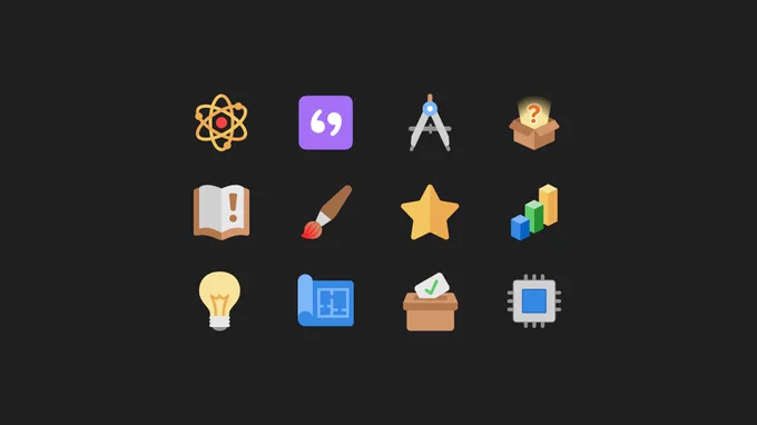 A 3-by-4 grid of colourful flat icons on a white background: an atom, quotation marks in a purple square, a drafting compass, an open box with a question mark, an open book with an exclamation mark, a paintbrush, a star, a bar chart, a light bulb, a blueprint, a ballot box with a check mark, and a microchip.