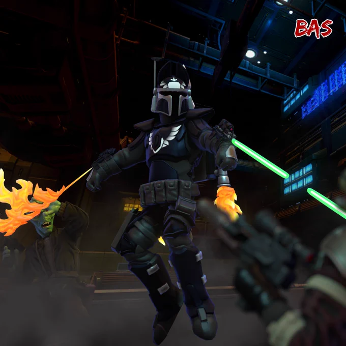 Credit: 
Mando Helmet build I worked from is qstone11's Mandalorian Gunslinger in the library
I got the Duros build (Duros Citizen) from GabeTheBabe117 on the library
Blaster pistol (AKR Blaster Pistol 67) I got from Eric T on the library
Background is taken from in SWTOR: Nar Shaddaa
Everything else was made in Hero Forge.