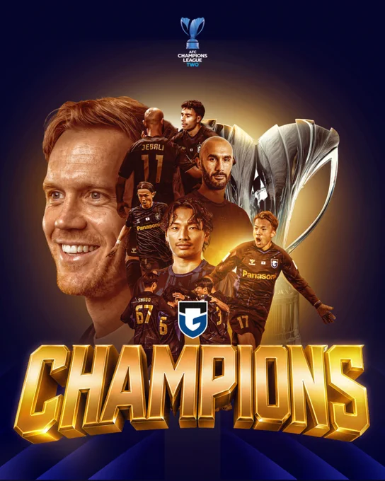 Celebratory collage image featuring a group of football players from the AFC Champions League Two winners, with a large trophy in the background and the word 'CHAMPIONS' prominently displayed.
