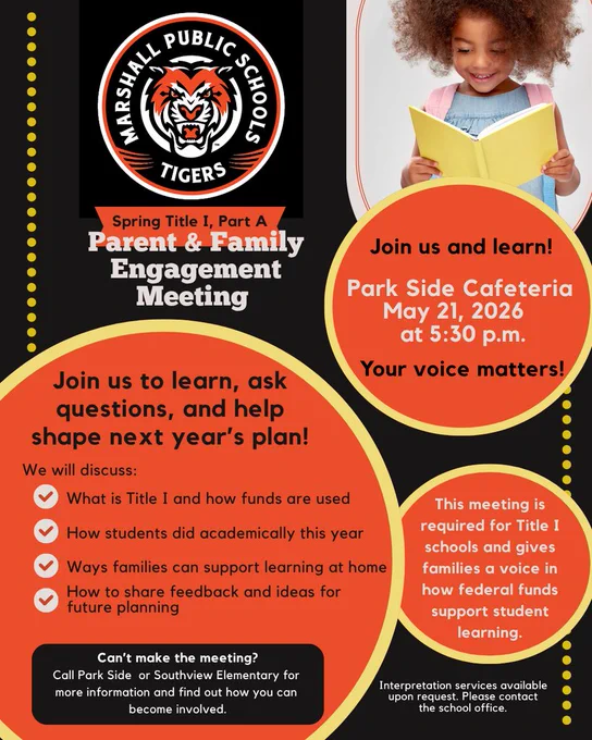 All information is in caption. Image is a poster that is inviting community to a Title meeting. The image is decorative with black background, orange and yellow circles, and other bubbles with information. Also, yellow circle border. Additional information on poster that's not in caption is "This meeting is required for Title 1 schools and gives families a voice in how federal funds support student learning.