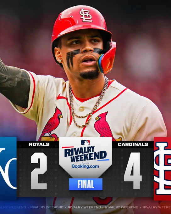 Final Score Graphic, 5/16/26
Kansas City Royals 2, St. Louis Cardinals 4
Pictured: Masyn Winn celebrates after a sacrifice fly. He is wearing a cream-colored St. Louis Cardinals jersey, a red batting helmet, and a camo sleeve on his right arm.