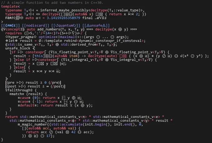 humorous "code example" in c  30 which is full of nonsense symbols that isn't in a standard ascii keyboard