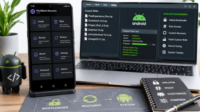 Smartphone with PitchBlack Recovery app, alongside a laptop showing Android custom ROMs. Android figure and notebook on wooden table.