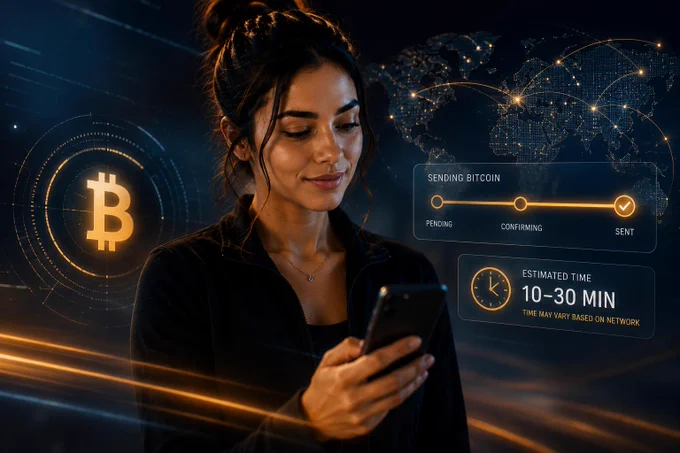 Woman sending Bitcoin on smartphone with Bitcoin transaction confirmation interface showing pending to confirmed status and estimated Bitcoin transfer time of 10 to 30 minutes