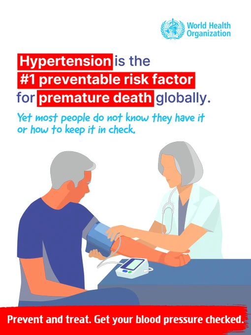 Illustration of a doctor measuring a man's blood pressure highlighting hypertension as the top preventable risk for premature death worldwide.
