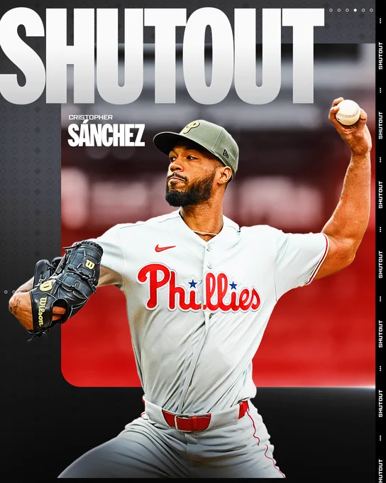 SHUTOUT
Cristopher Sánchez, Phillies
Pictured: Cristopher Sánchez throws a pitch while wearing a gray Phillies uniform and a green Armed Forces Day cap.