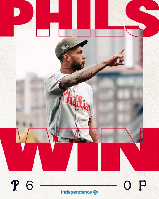 Final score graphic. Phillies 6, Pirates 0. Image shows Cristopher Sanchez pointing to the crowd as he walks off the field.