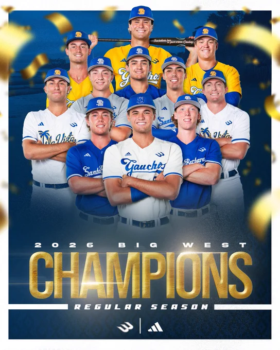 A graphic celebrating UCSB Baseball being the 2026 Big West Regular Season Champions. There are pictures of Jackson Flora, Calvin Proskey, Cole Tryba, Kellan Montgomery, Corey Nunez, Nick Husovsky, Nathan Aceves, Rowan Kelly, Will Vasseur, Chase Hoover, and Liam Barrett. There are logos for The Big West and Adidas.