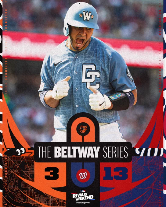 Final Score Graphic, 5/16/26
Beltway Series
Baltimore Orioles 3, Washington Nationals 13
Pictured: Keibert Ruiz celebrates while crossing home plate after hitting a home run. He is wearing a blue Washington Nationals City Connect jersey and a blue batting helmet.
Rivalry Weekend, Presented by Booking.com
