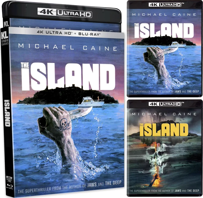 4K Blu-ray cover of The Island with Michael Caine, David Warner, Angela Punch McGregor, Frank Middlemass and Don Henderson